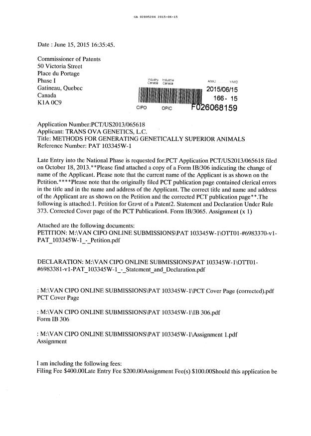 Document de brevet canadien 2895204. Demande d'entrée en phase nationale 20141215. Image 1 de 7