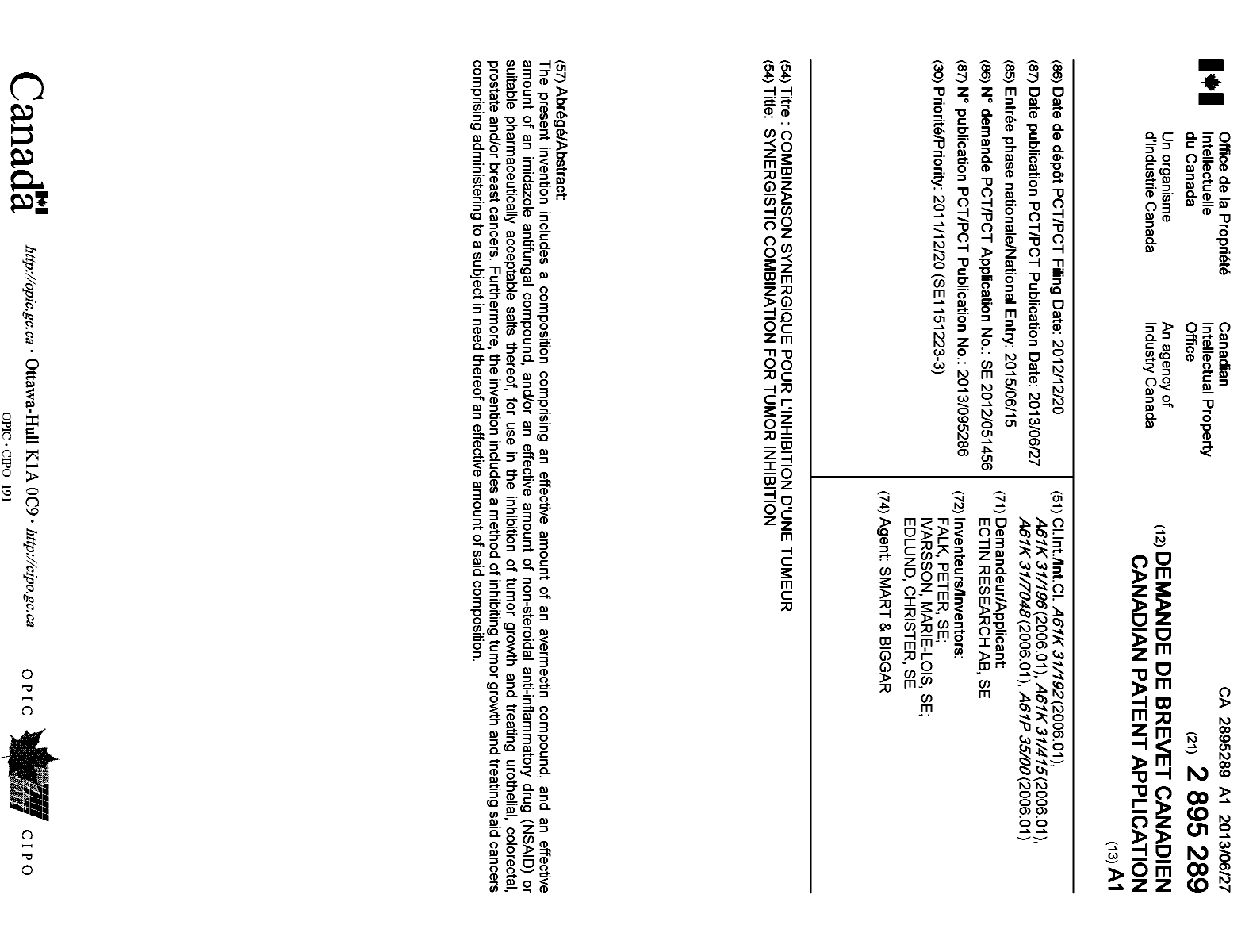 Document de brevet canadien 2895289. Page couverture 20141220. Image 1 de 1