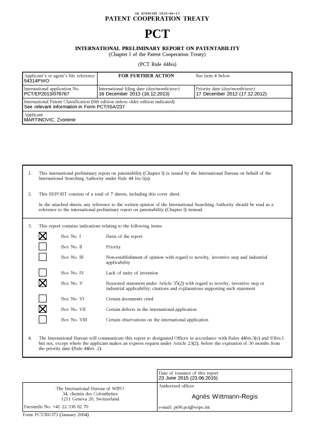 Document de brevet canadien 2895385. Rapport prélim. intl. sur la brevetabilité reçu 20141217. Image 1 de 7
