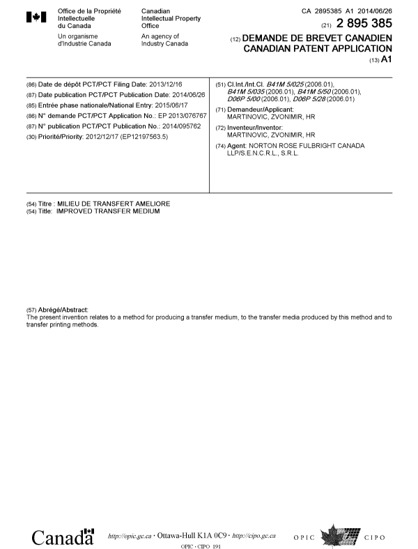 Document de brevet canadien 2895385. Page couverture 20141230. Image 1 de 1