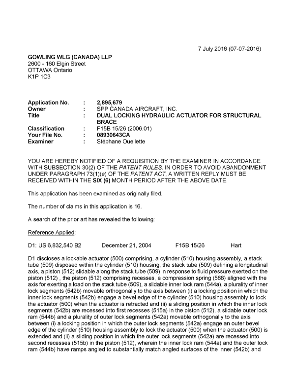 Document de brevet canadien 2895679. R30(2) Requête de l'examinateur 20151207. Image 1 de 3