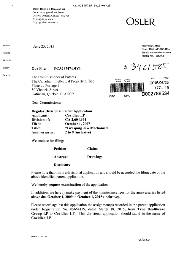 Document de brevet canadien 2895725. Nouvelle demande 20141225. Image 1 de 3
