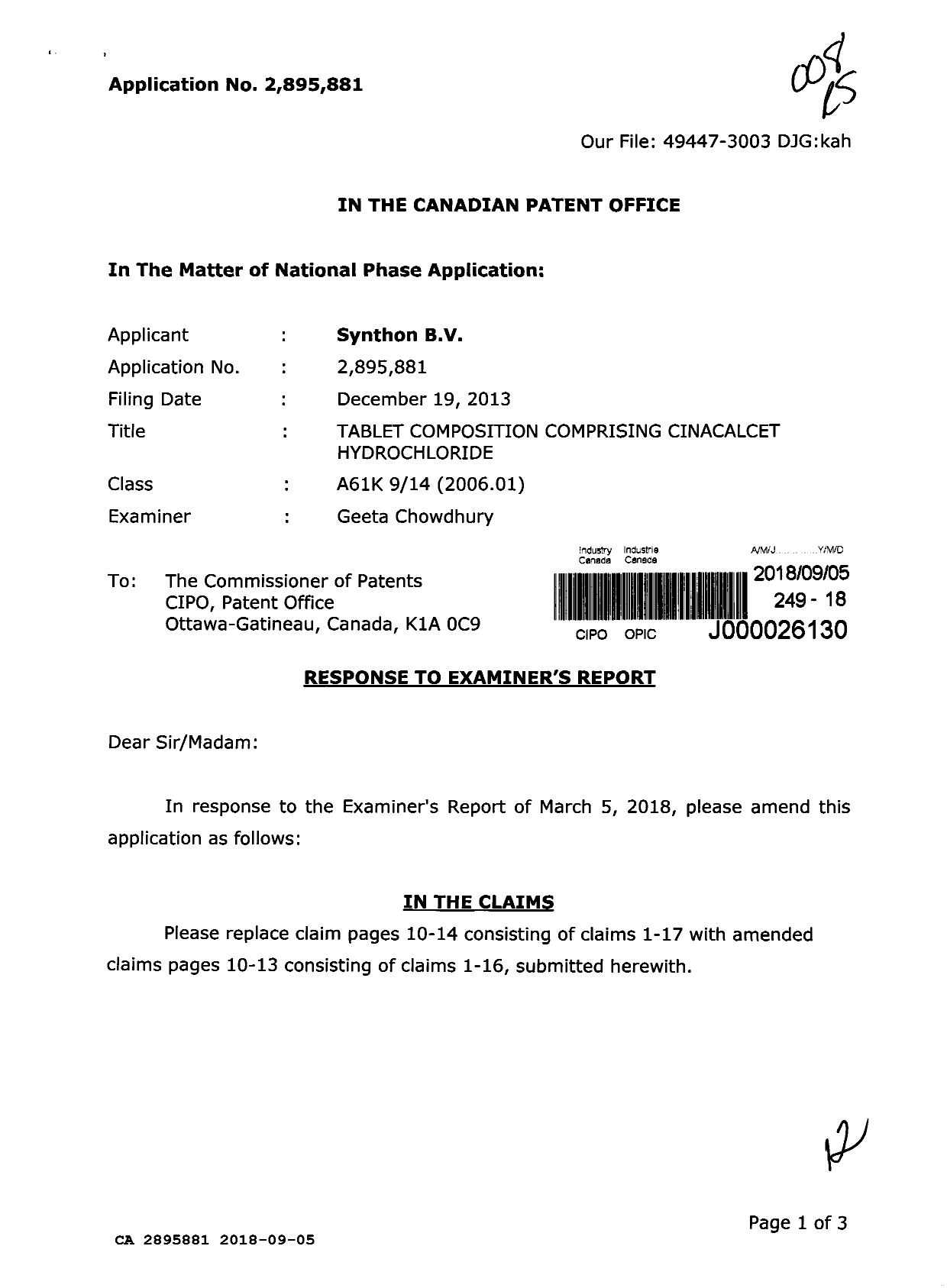 Canadian Patent Document 2895881. Amendment 20180905. Image 1 of 12