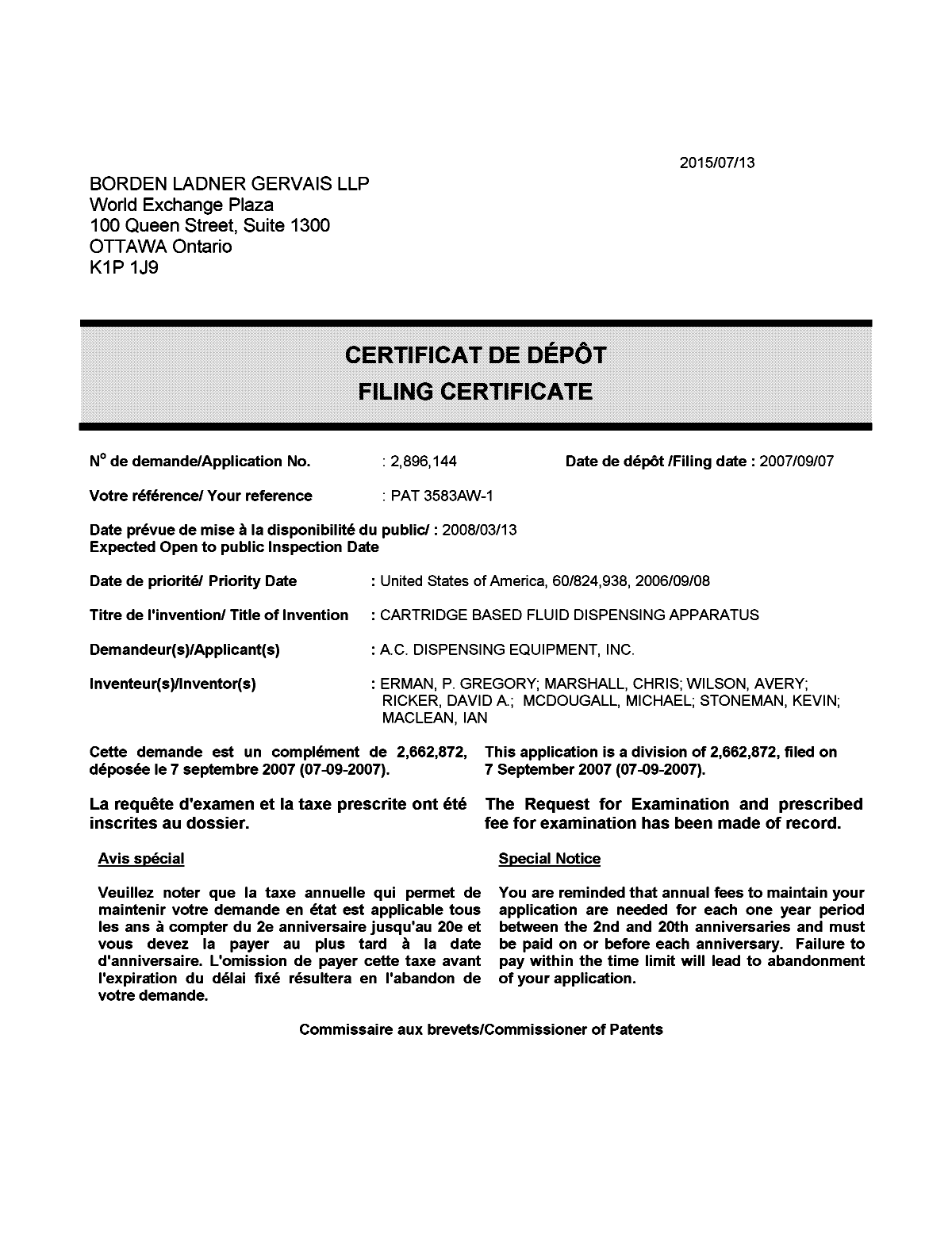 Document de brevet canadien 2896144. Complémentaire - Certificat de dépôt 20141213. Image 1 de 1