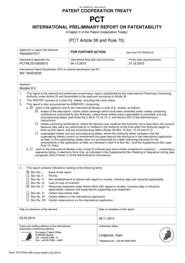 Document de brevet canadien 2896239. Rapport prélim. intl. sur la brevetabilité reçu 20141222. Image 1 de 14