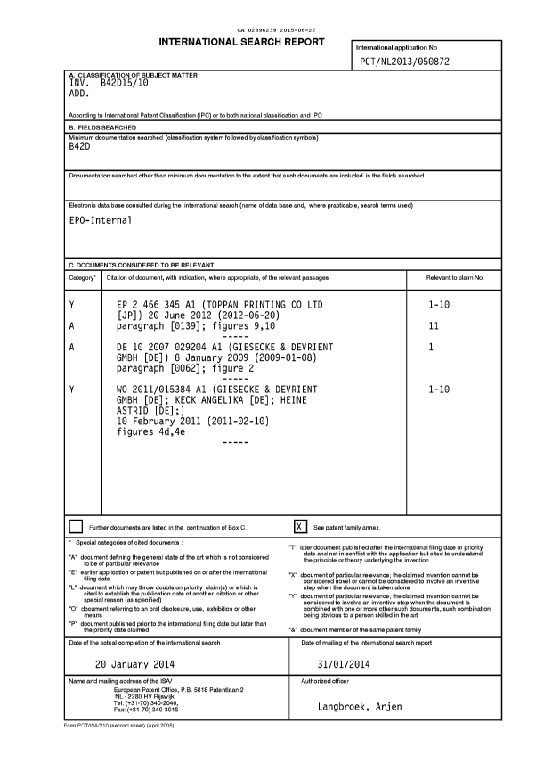 Document de brevet canadien 2896239. Rapport de recherche internationale 20141222. Image 1 de 2