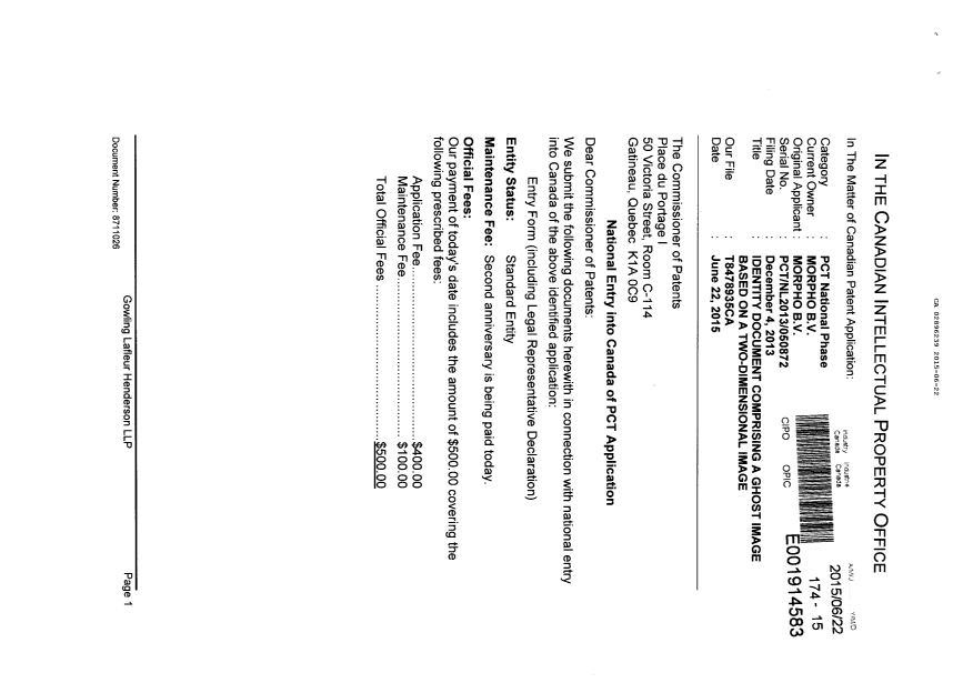 Document de brevet canadien 2896239. Demande d'entrée en phase nationale 20141222. Image 1 de 3