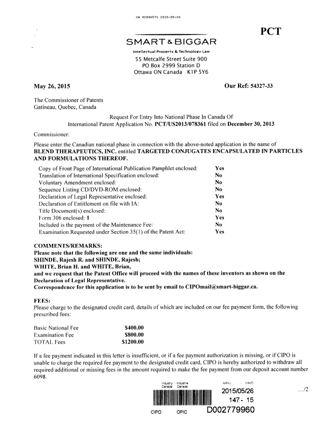 Document de brevet canadien 2896571. Demande d'entrée en phase nationale 20141226. Image 1 de 3