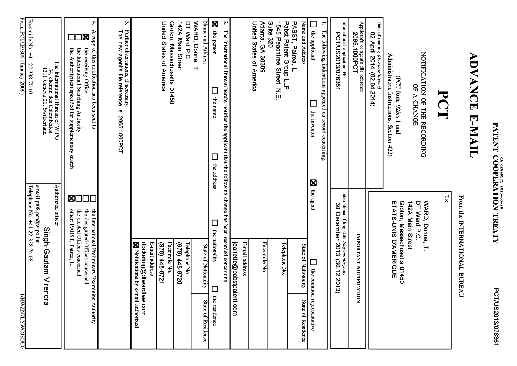 Document de brevet canadien 2896571. Traité de coopération en matière de brevets (PCT) 20141226. Image 1 de 3
