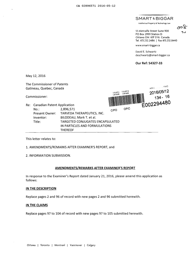 Document de brevet canadien 2896571. Modification 20151212. Image 1 de 17