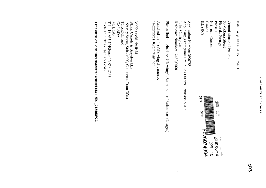 Document de brevet canadien 2896785. Modification 20141214. Image 1 de 3