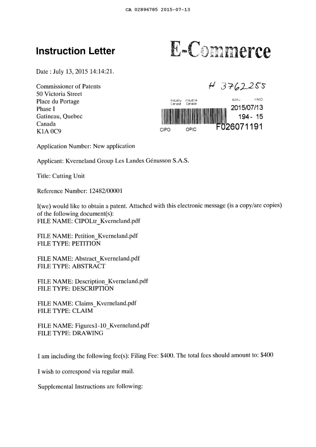 Document de brevet canadien 2896785. CQ Images - Digitalisation 20150713. Image 1 de 6