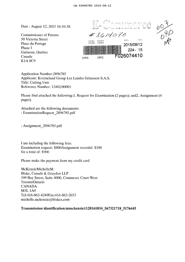 Document de brevet canadien 2896785. Requête d'examen 20150812. Image 1 de 5