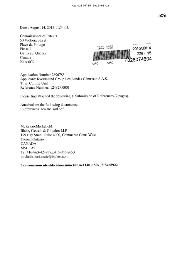 Document de brevet canadien 2896785. Modification 20150814. Image 1 de 3