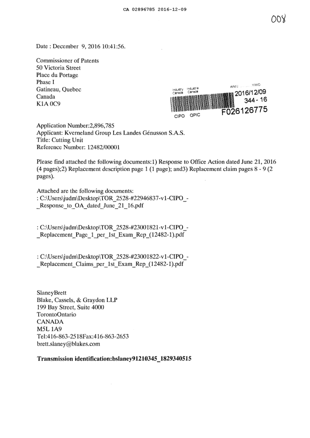 Document de brevet canadien 2896785. Modification 20151209. Image 1 de 8