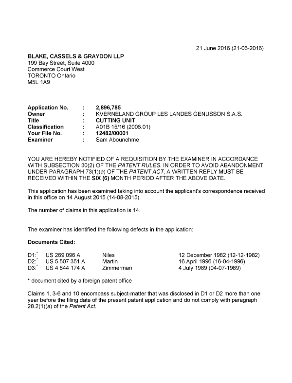 Document de brevet canadien 2896785. Demande d'examen 20160621. Image 1 de 4