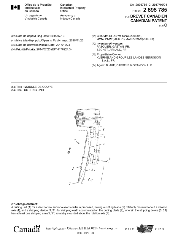 Document de brevet canadien 2896785. Page couverture 20161226. Image 1 de 1