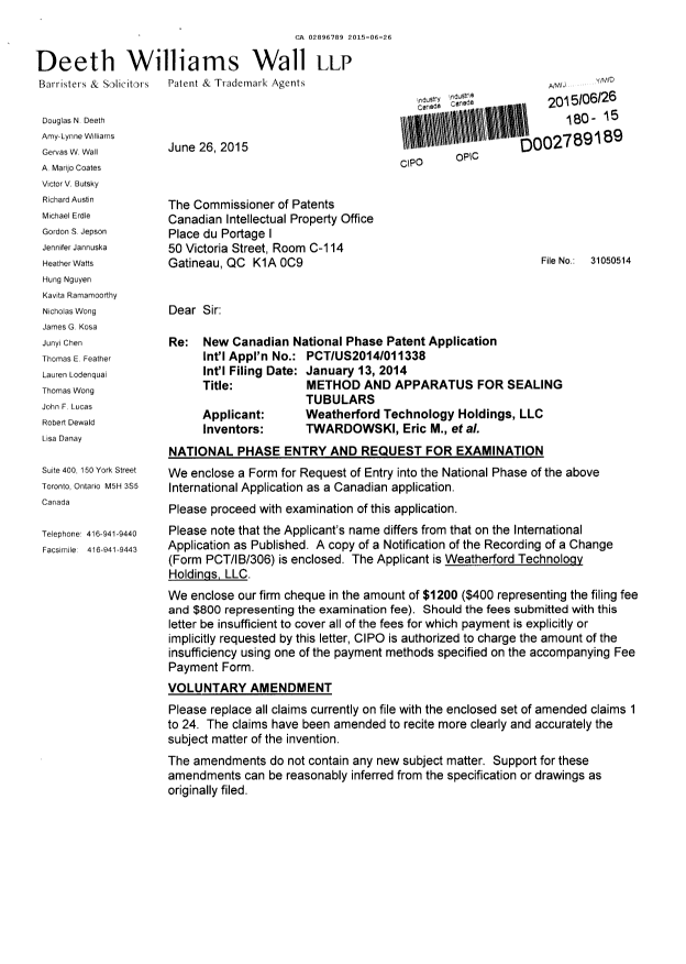 Document de brevet canadien 2896789. Poursuite-Amendment 20141226. Image 1 de 6