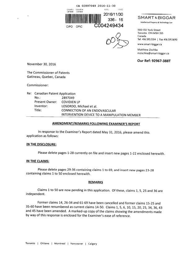 Document de brevet canadien 2897049. Poursuite-Amendment 20151230. Image 1 de 43
