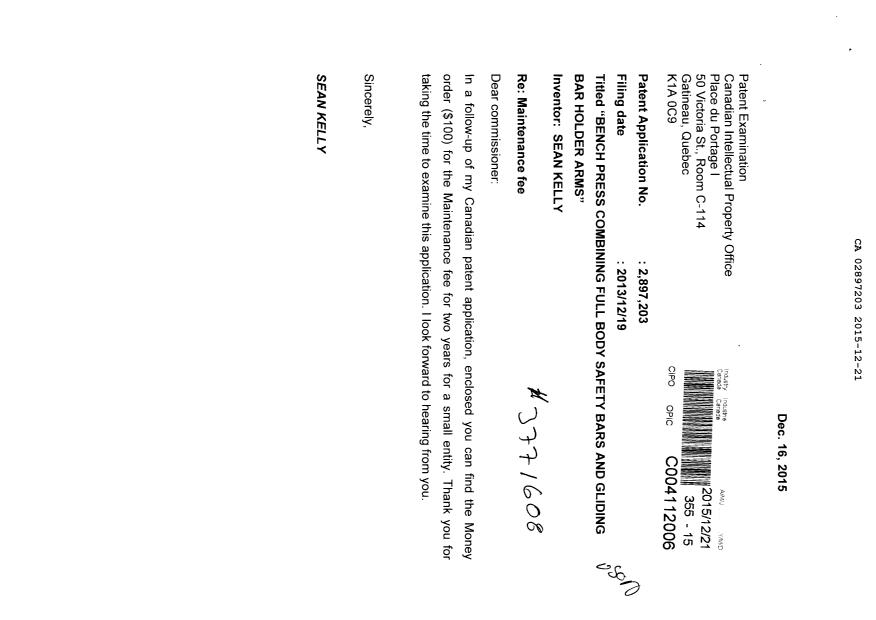 Document de brevet canadien 2897203. Taxes 20141221. Image 1 de 2
