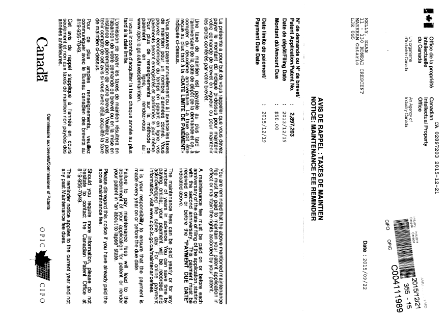 Document de brevet canadien 2897203. Taxes 20141221. Image 2 de 2