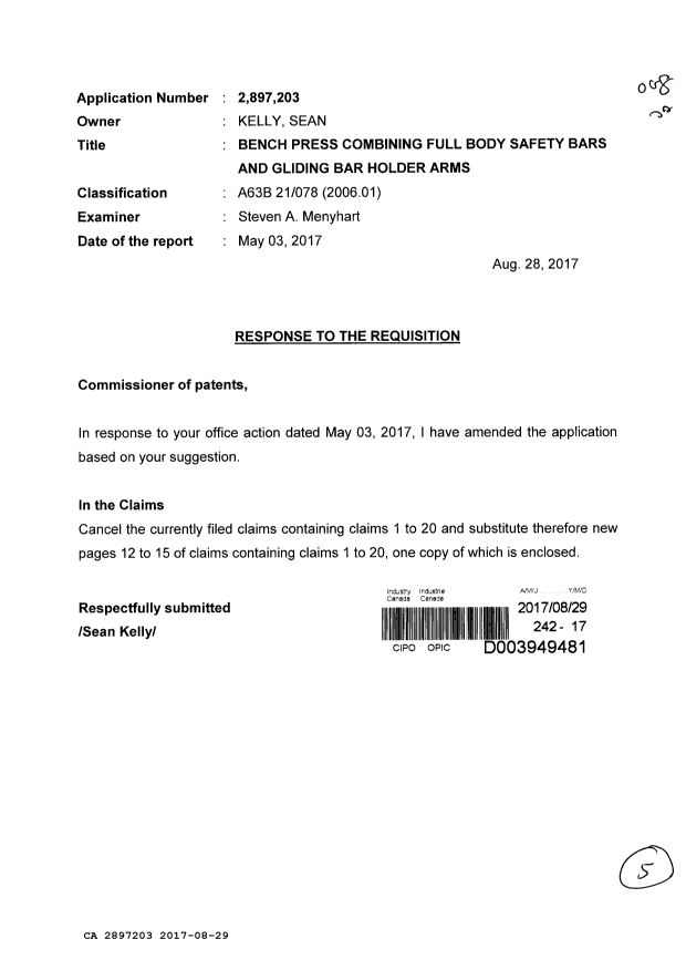 Document de brevet canadien 2897203. Poursuite-Amendment 20161229. Image 1 de 5