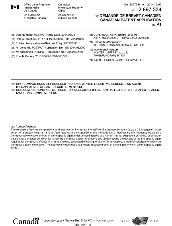 Canadian Patent Document 2897334. Cover Page 20150807. Image 1 of 1