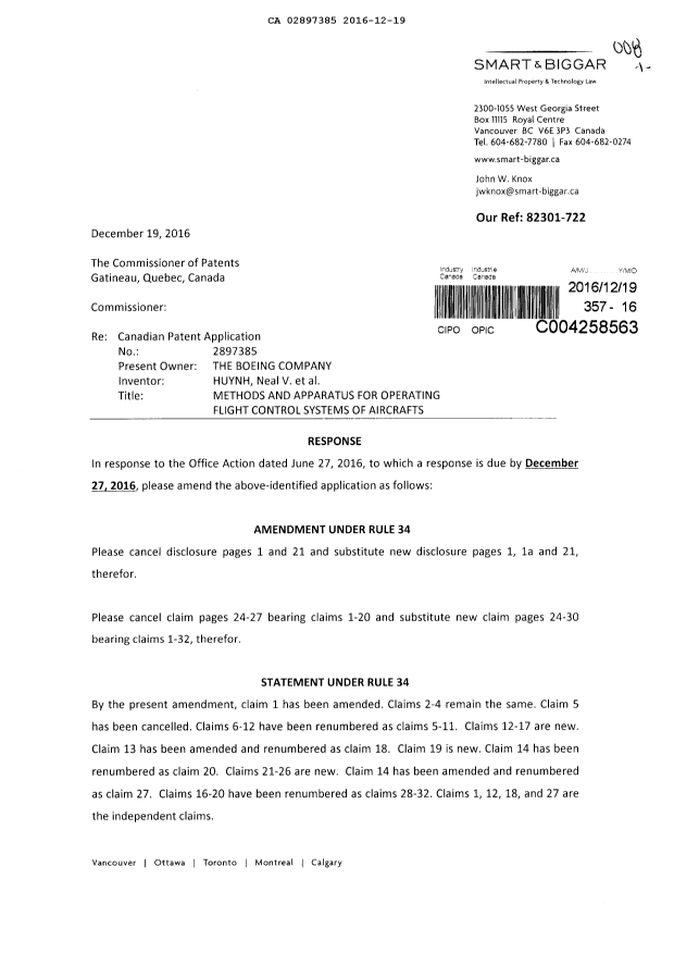 Document de brevet canadien 2897385. Modification 20151219. Image 1 de 15