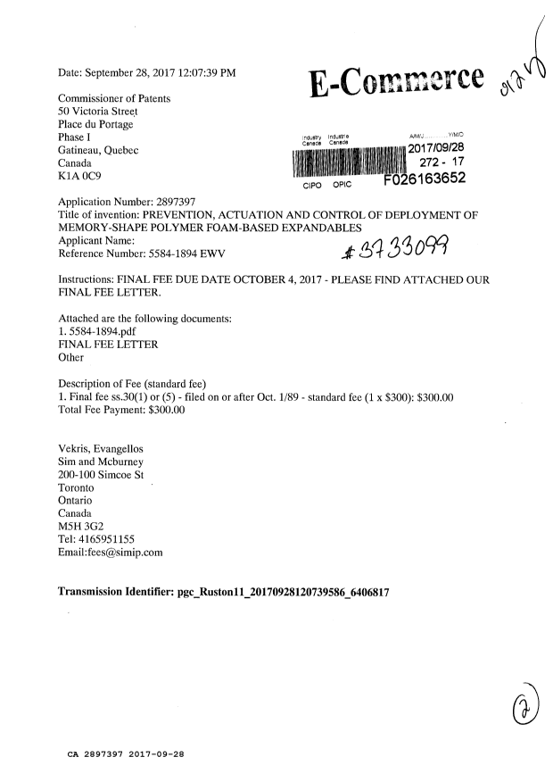 Document de brevet canadien 2897397. Taxe finale 20170928. Image 1 de 2