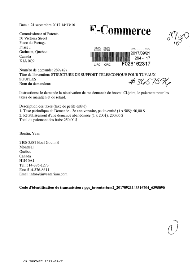 Document de brevet canadien 2897427. Paiement de taxe périodique 20170921. Image 1 de 1