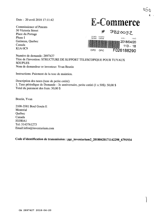 Document de brevet canadien 2897427. Paiement de taxe périodique 20180420. Image 1 de 1