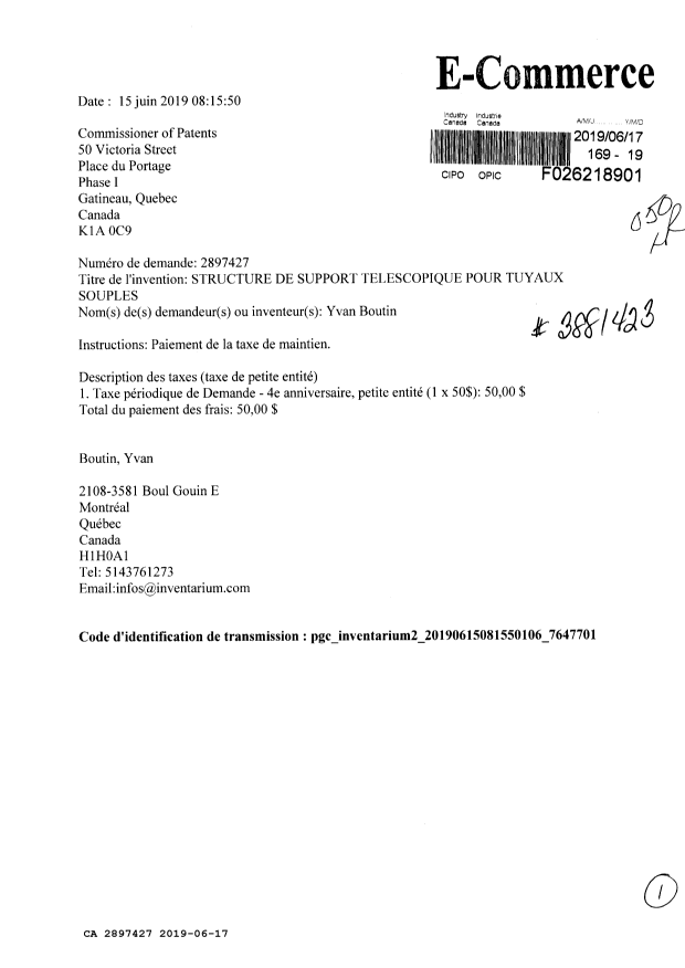 Document de brevet canadien 2897427. Paiement de taxe périodique 20181217. Image 1 de 1