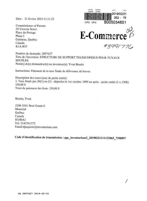 Document de brevet canadien 2897427. Taxe finale 20190221. Image 1 de 1