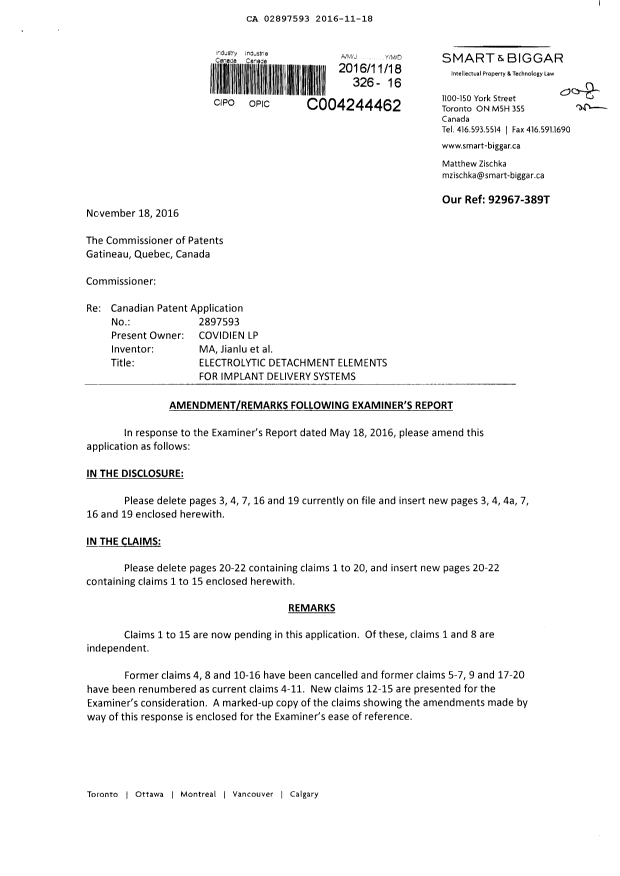 Canadian Patent Document 2897593. Prosecution-Amendment 20151218. Image 1 of 16