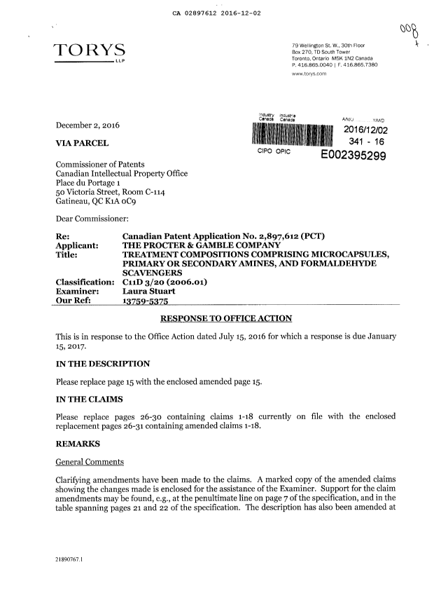 Document de brevet canadien 2897612. Poursuite-Amendment 20151202. Image 1 de 16