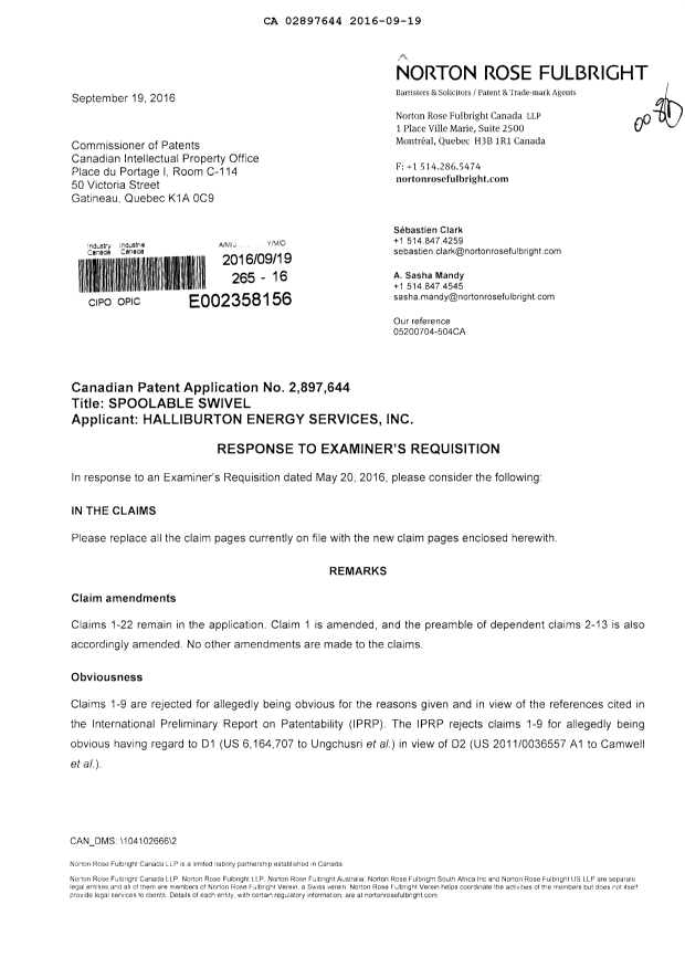 Document de brevet canadien 2897644. Modification 20151219. Image 1 de 12