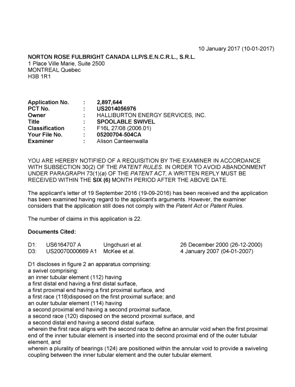 Document de brevet canadien 2897644. R30(2) Requête de l'examinateur 20161210. Image 1 de 3