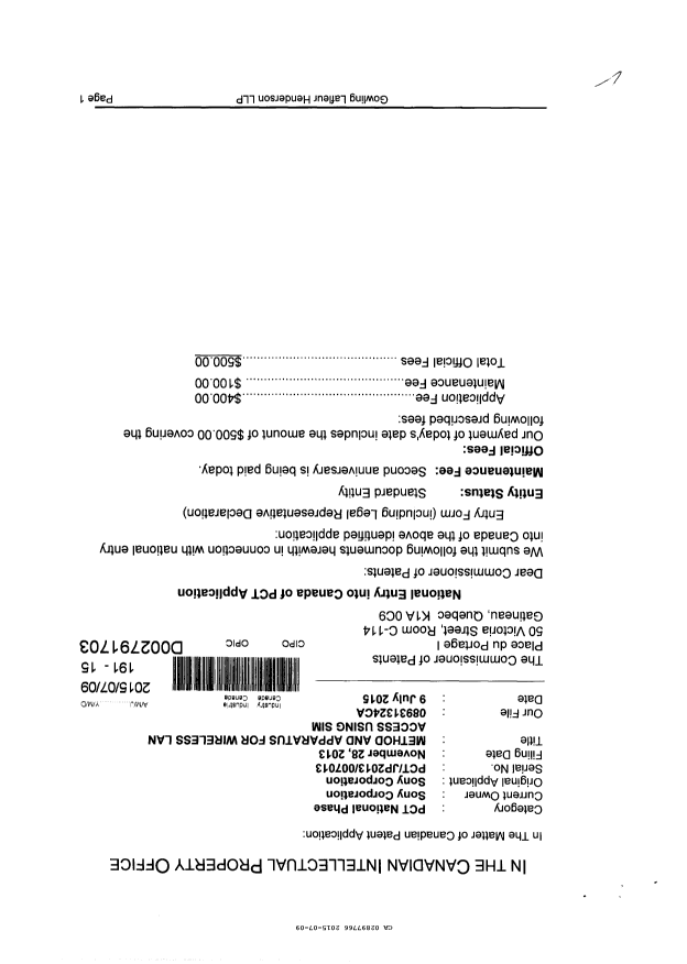 Document de brevet canadien 2897766. Demande d'entrée en phase nationale 20141209. Image 1 de 3