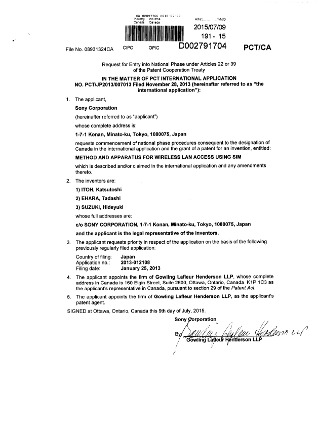 Document de brevet canadien 2897766. Demande d'entrée en phase nationale 20141209. Image 3 de 3