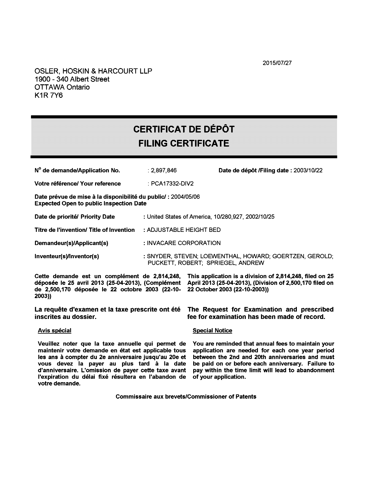 Document de brevet canadien 2897846. Correspondance 20141227. Image 1 de 1