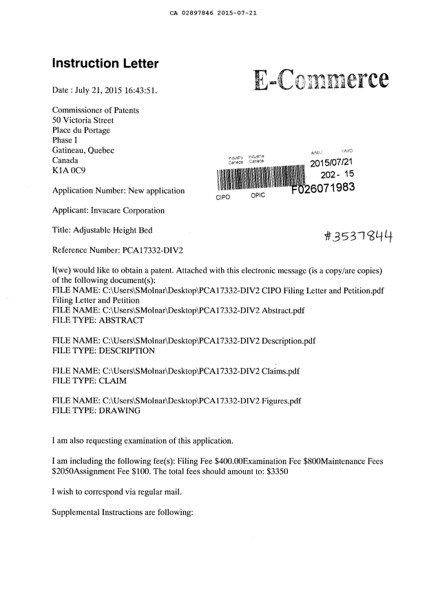 Document de brevet canadien 2897846. Cession 20150721. Image 1 de 7
