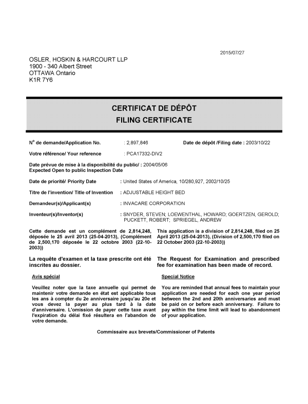 Document de brevet canadien 2897846. Correspondance 20150727. Image 1 de 1