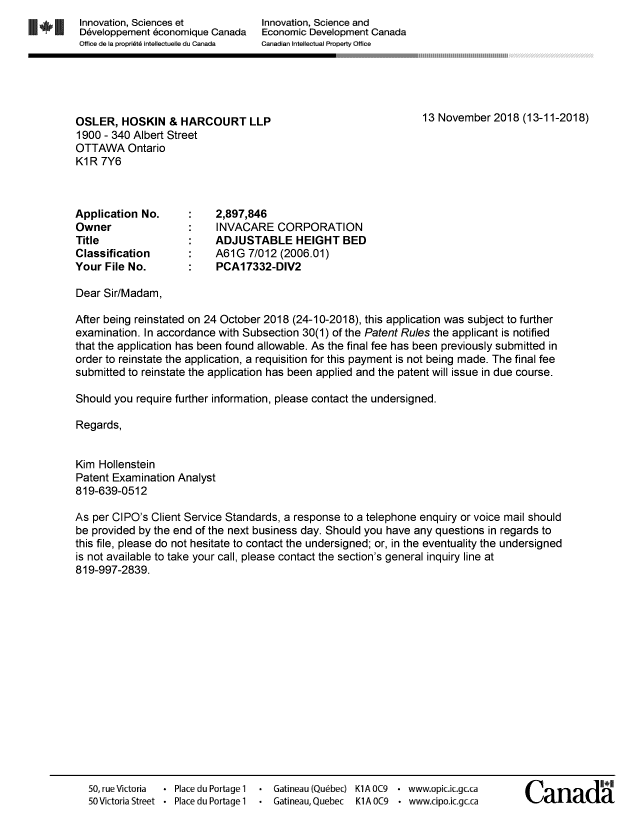Document de brevet canadien 2897846. Lettre du bureau 20181113. Image 1 de 1