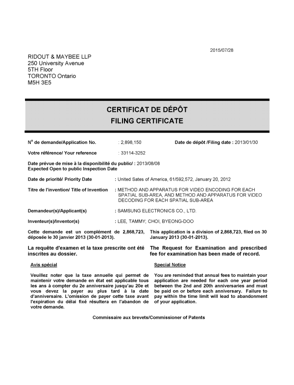 Document de brevet canadien 2898150. Correspondance 20141228. Image 1 de 1