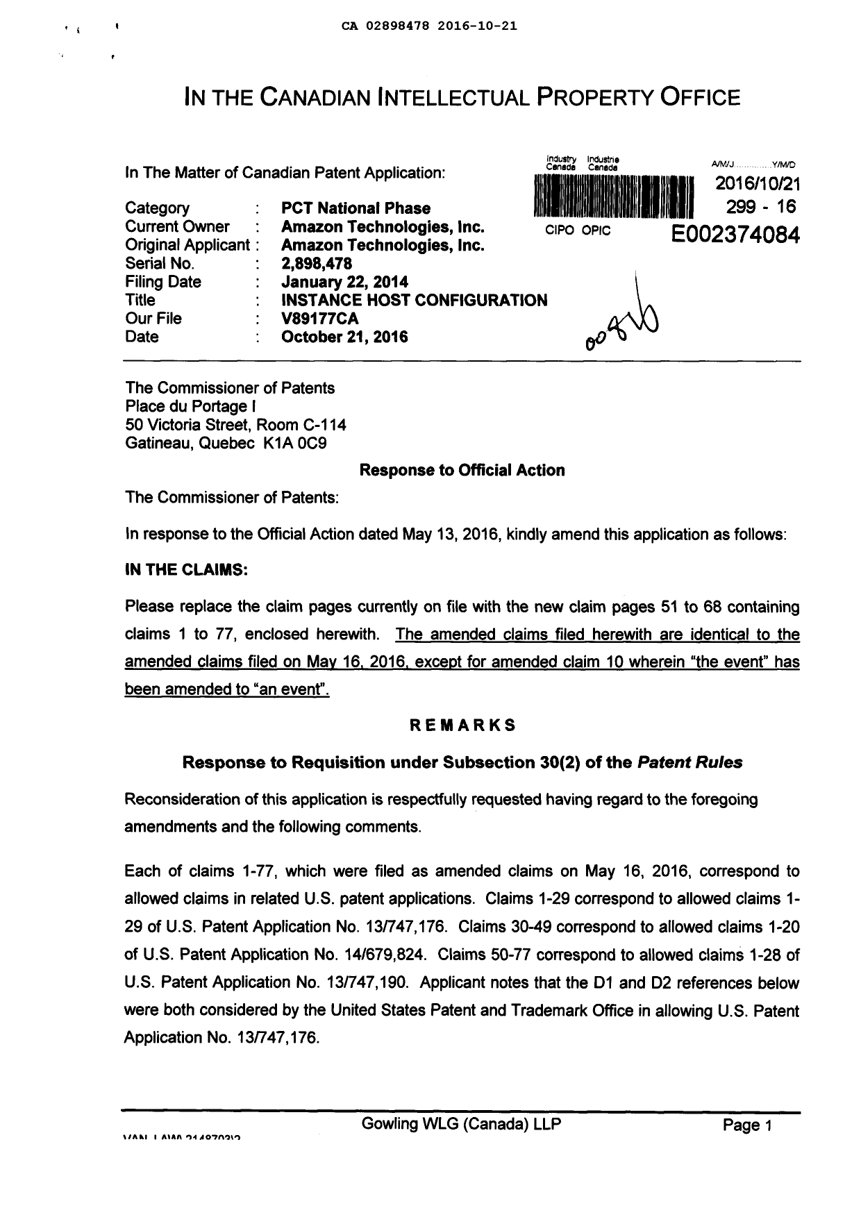 Document de brevet canadien 2898478. Poursuite-Amendment 20151221. Image 1 de 22