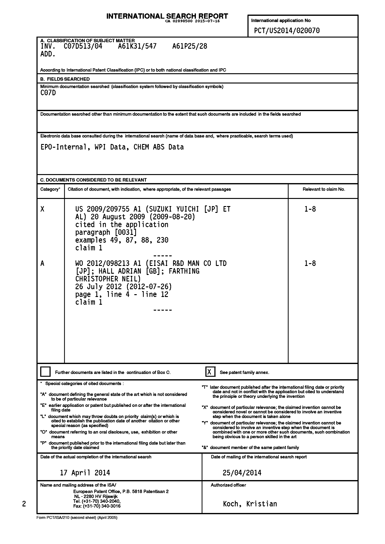 Document de brevet canadien 2898500. PCT 20141216. Image 1 de 2