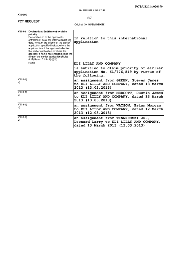 Document de brevet canadien 2898500. Déclaration 20150716. Image 1 de 2