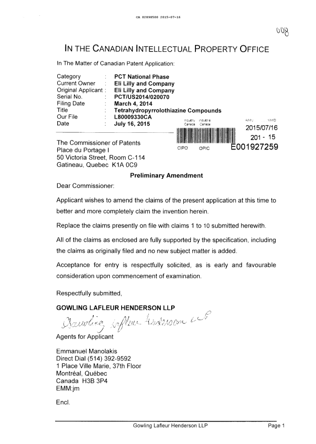 Document de brevet canadien 2898500. Poursuite - Modification 20150716. Image 1 de 3