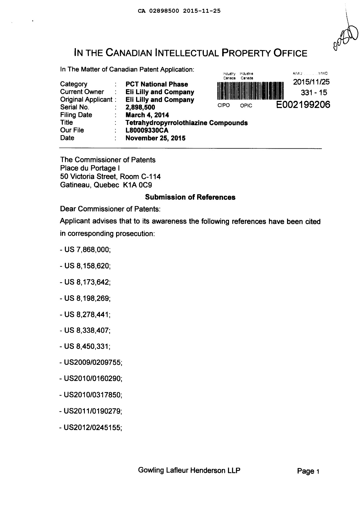 Document de brevet canadien 2898500. Modification 20151125. Image 1 de 2