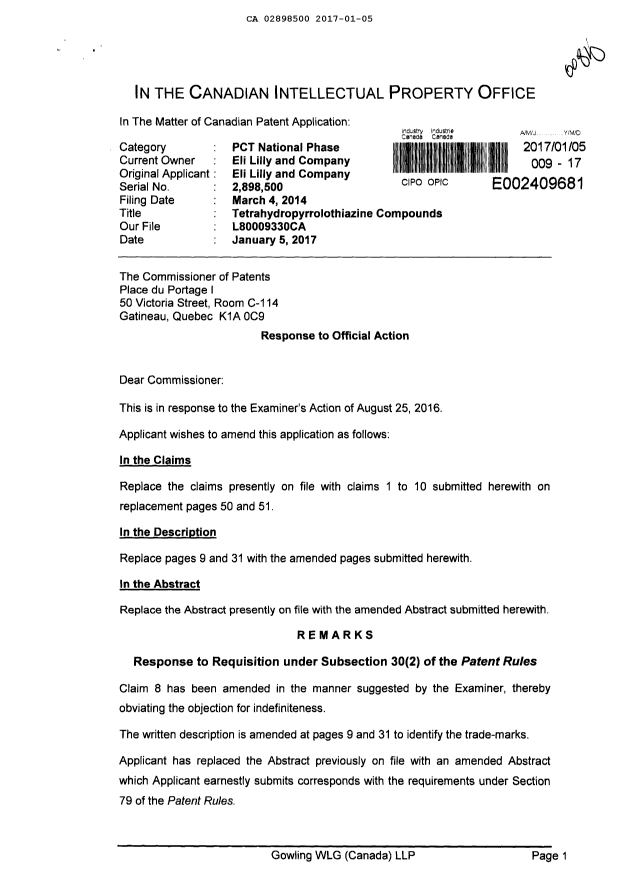 Document de brevet canadien 2898500. Modification 20170105. Image 1 de 7